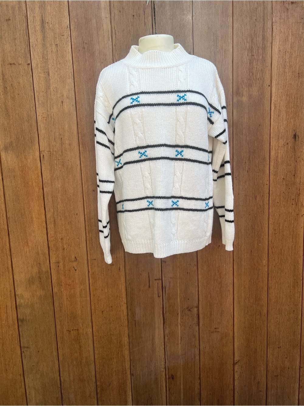 White Cable-Knit Sweater with Black & Blue Stripes women size medium